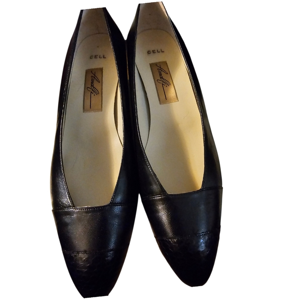 Amalfi by Rangoni Black Leather Snakeskin Cap Toe Flats -  - Size 7.5 NWOT